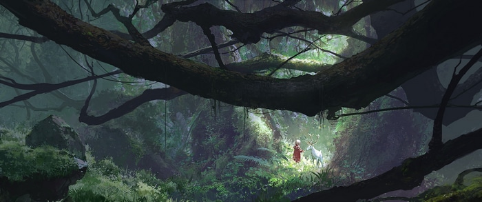 Fantasy art of a girl and a deer in a forest