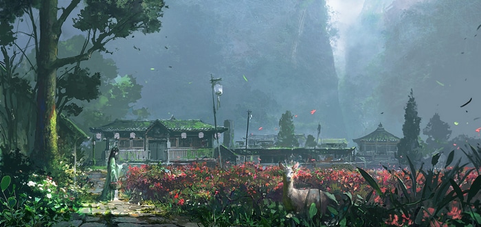 A woman in Chinese clothing in a village with a deer