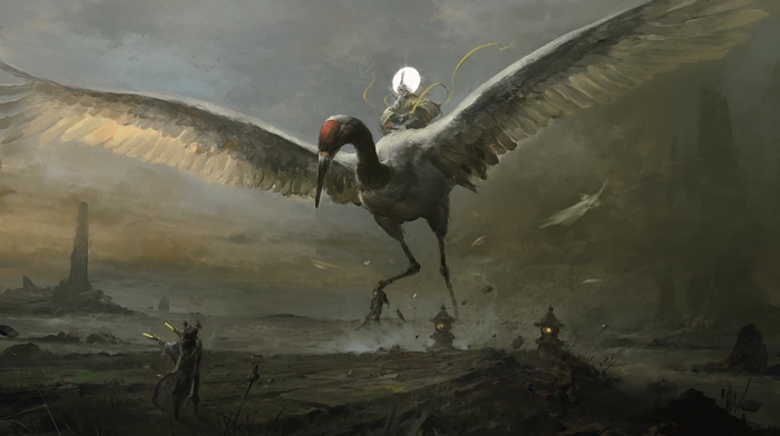 Fantasy art of a rider on a crane landing