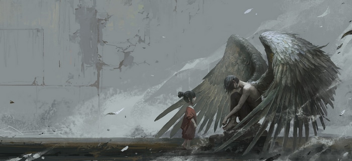 A child and a winged figure in a desolate landscape