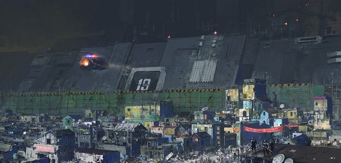 Cyberpunk slum with a police vehicle near a large structure