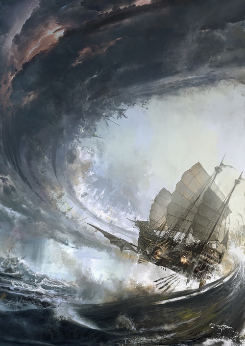 Fantasy art of a ship in a storm with waves