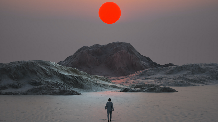 Man in suit walks towards mountains under red sun