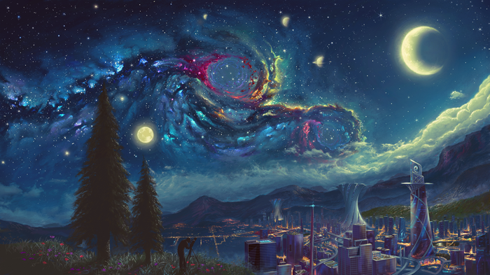 4K Starry Night with Crescent Moon and Cityscape