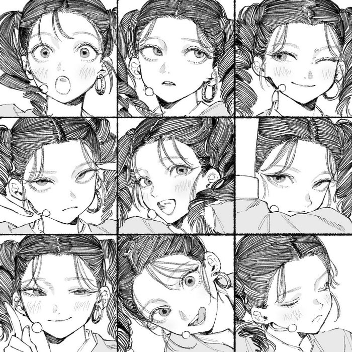 Manga style portraits of a girl with pigtails showing different emotions