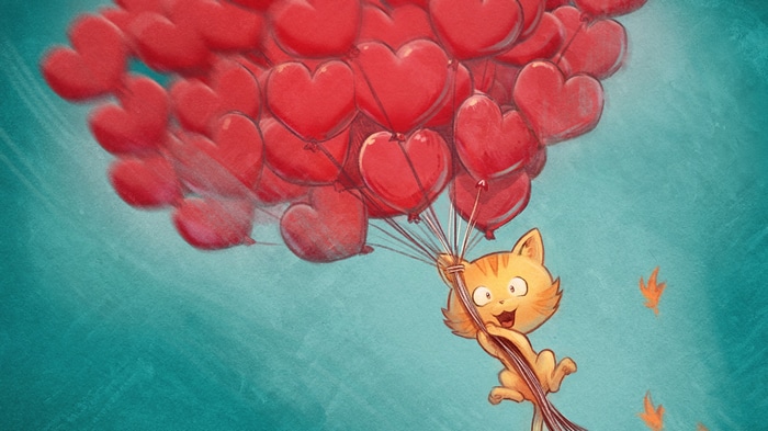 A cat flies with heart-shaped balloons