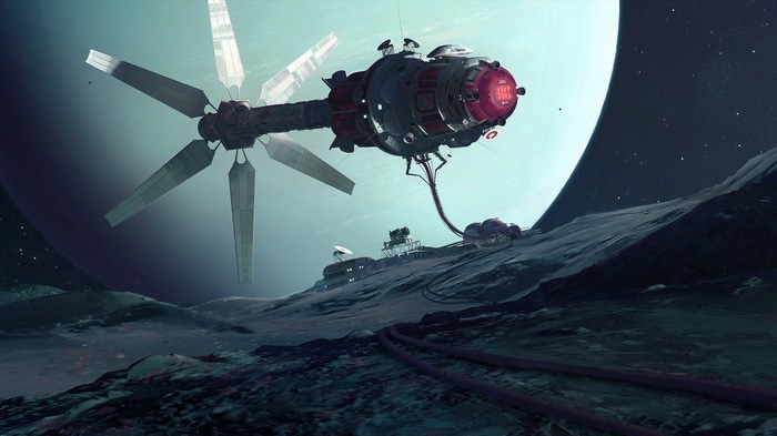 Spaceship with large rotor docked on alien planet surface