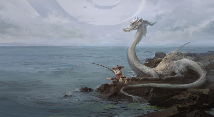 A boy fishes with a dragon by the sea