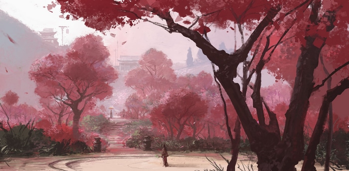 Wuxia scene with red cherry trees and Chinese architecture