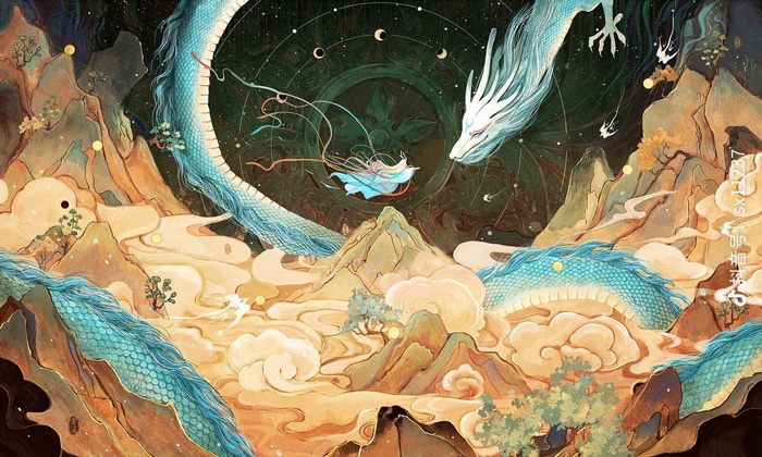 Chinese Dragon and Girl in Mountainous Landscape