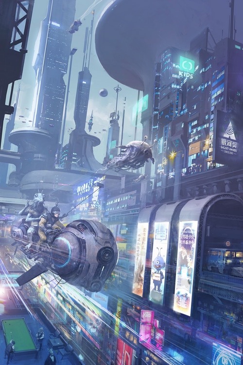 Futuristic City with Flying Vehicles and Cyberpunk Elements
