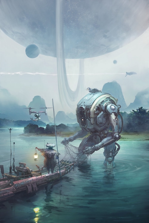 Futuristic robot and fisherman on a boat