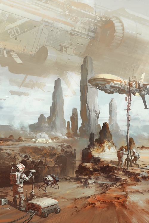 Astronauts and robots on a desert planet with airships