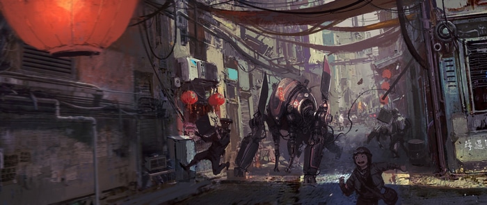 Cyberpunk alleyway with robots and people