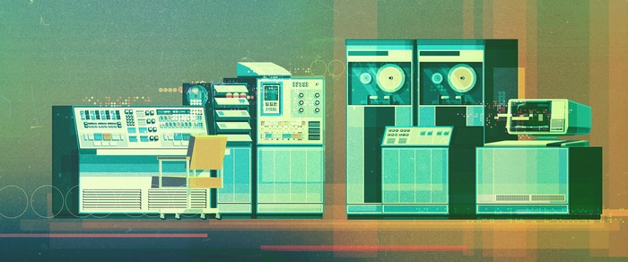 Retro computers and peripherals in a stylized illustration