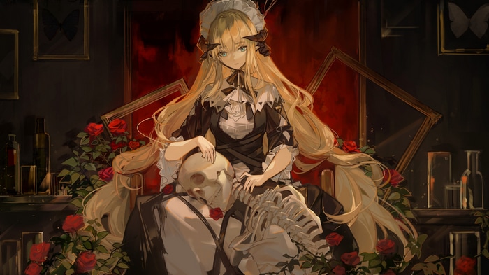 Anime maid with blonde hair and a skeleton