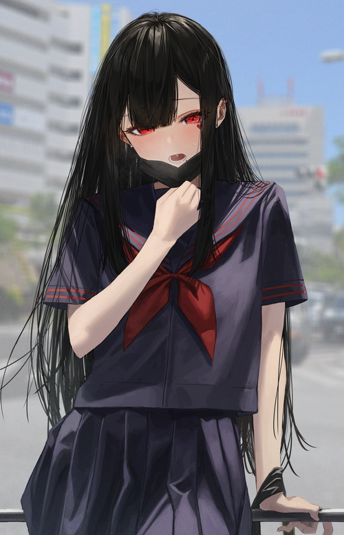 Anime schoolgirl with red eyes and black hair