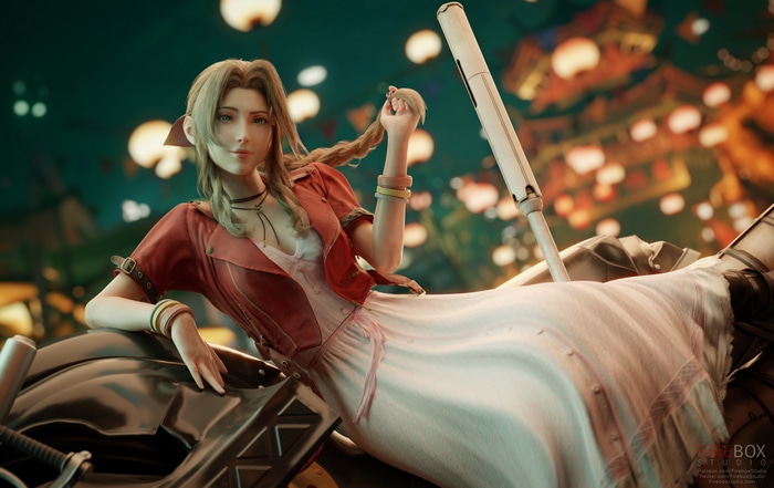4K Aerith Gainsborough from Final Fantasy VII on a motorcycle