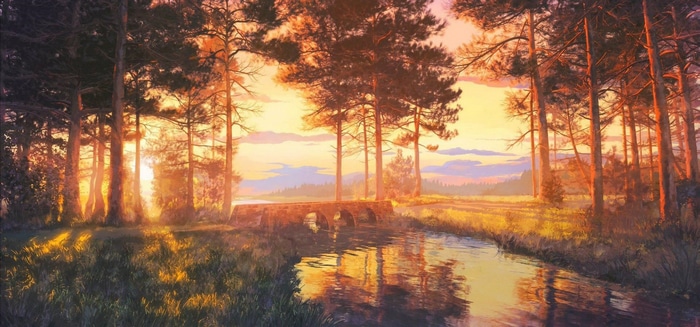 A stone bridge over a stream in a forest at sunset