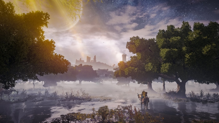 4K Elden Ring landscape with a knight on horseback