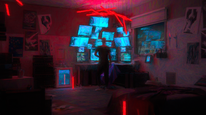 Hacker in a room full of screens