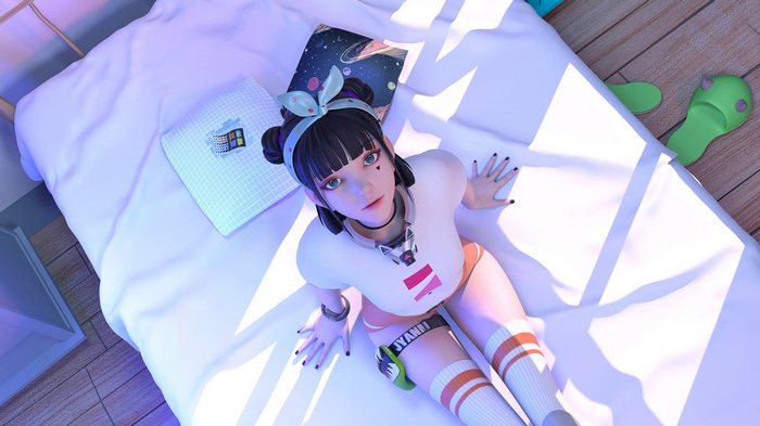 Girl in white shirt and stockings on bed