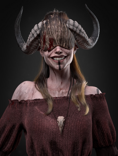 Fantasy girl with horns and a bird skull necklace