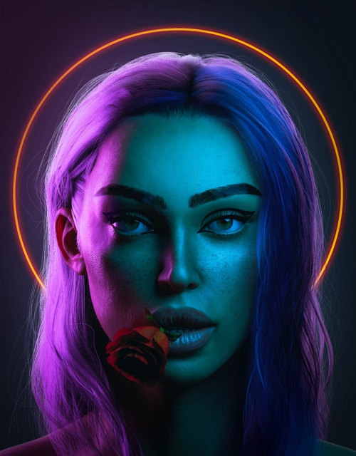 Woman with purple hair and rose by Mohamed Shalan