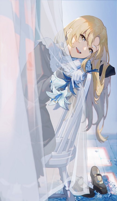 Anime girl with blonde hair holding lilies