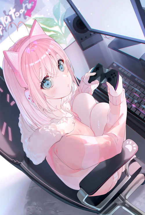 Artwork of a girl with pink hair and cat ears playing a game