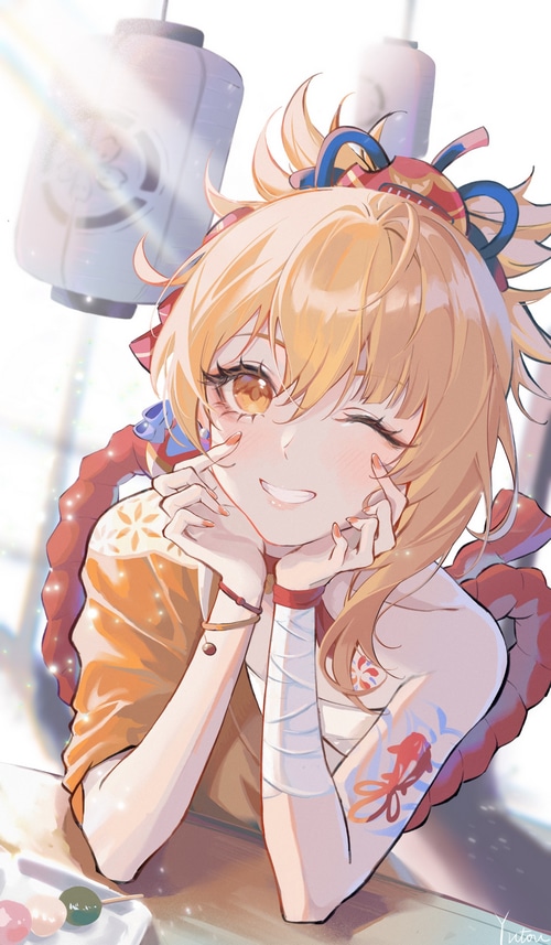 Yoimiya winks with a smile, Genshin Impact