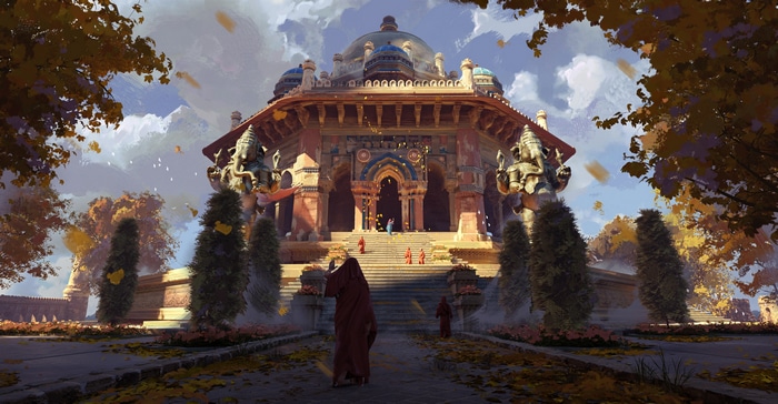 4K artwork of a temple with trees