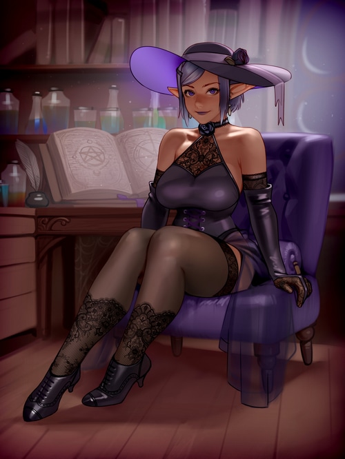 Elf witch in purple attire sitting in a chair