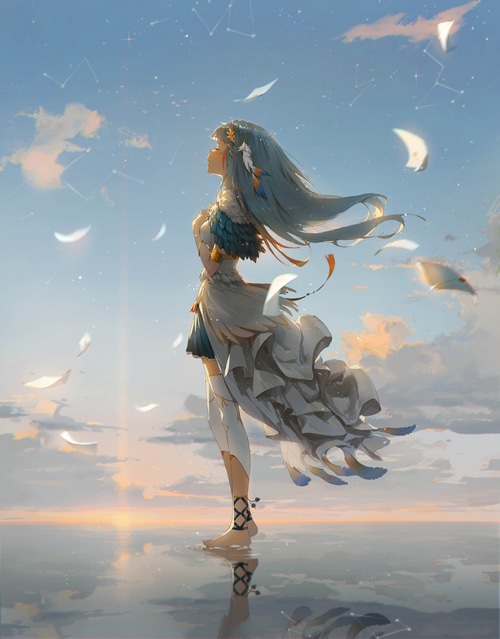 Anime girl with long blue hair in a white dress