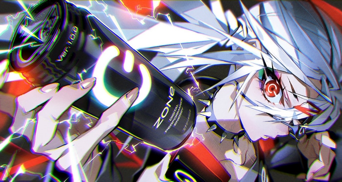 Artwork of a person holding a ZONE energy drink