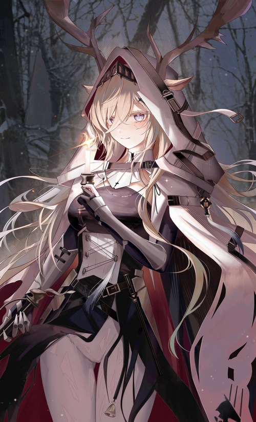 Arknights character with antlers holding a candle