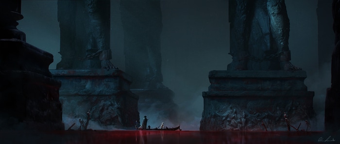 4K fantasy art of ruins with a rowboat