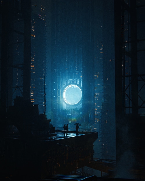 Max Hay cyberpunk cityscape with glowing portal