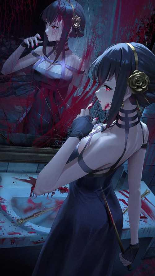 Yor Forger covered in blood with a knife