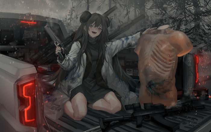 Girl with guns and a torso dummy in a pickup truck