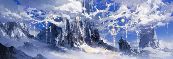 Fantasy art of snowy mountains and celestial decorations