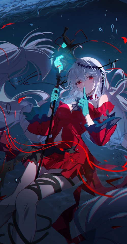 Skadi from Arknights in a red dress underwater