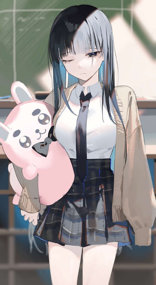 Girl in school uniform holding a pink bunny plush