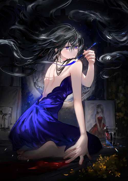 Artwork of a girl in a blue dress painting
