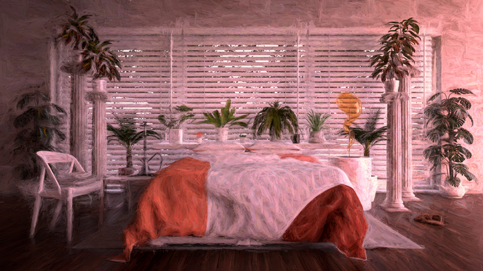 Bedroom with plants and bed in oil painting style
