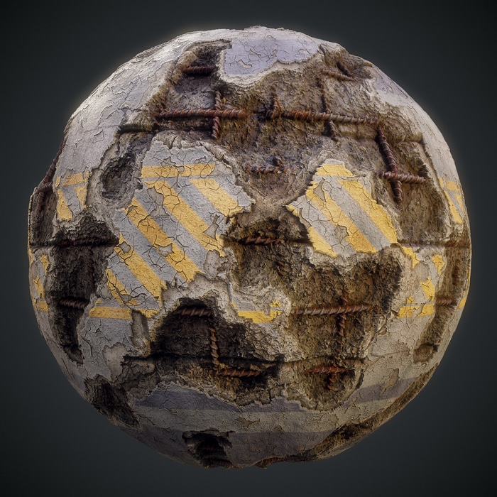 Damaged concrete texture with rebar and yellow stripes