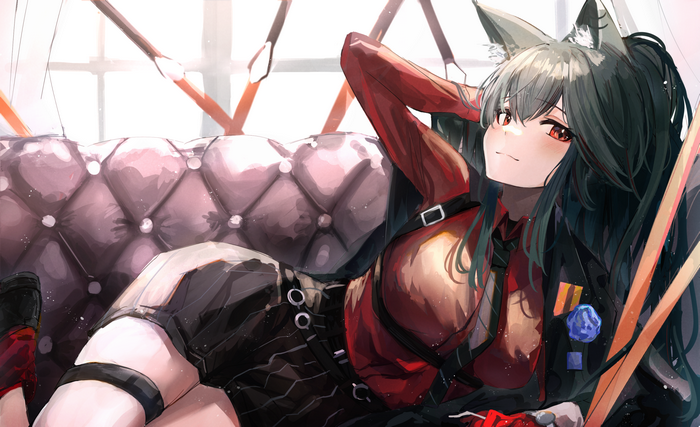Texas from Arknights on a couch