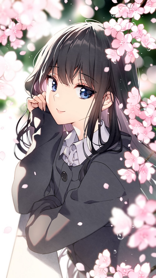 Girl with blue eyes and cherry blossoms