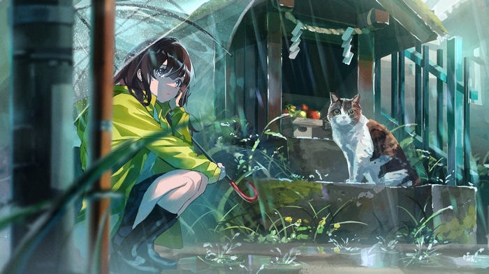 4K rain with a girl and a cat