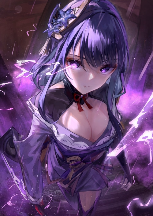 Raiden Shogun from Genshin Impact with purple lightning